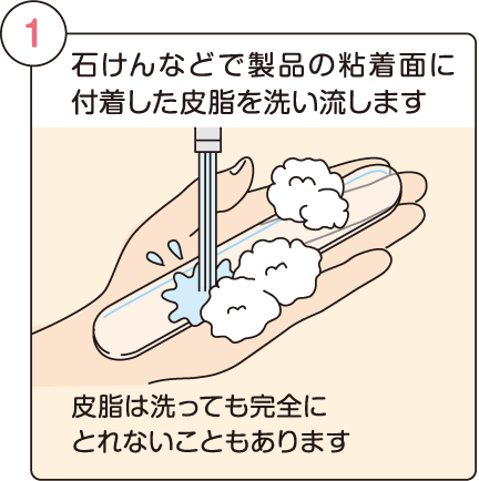 石けんなどで製品の粘着 面に付着した皮脂を洗い流し ます